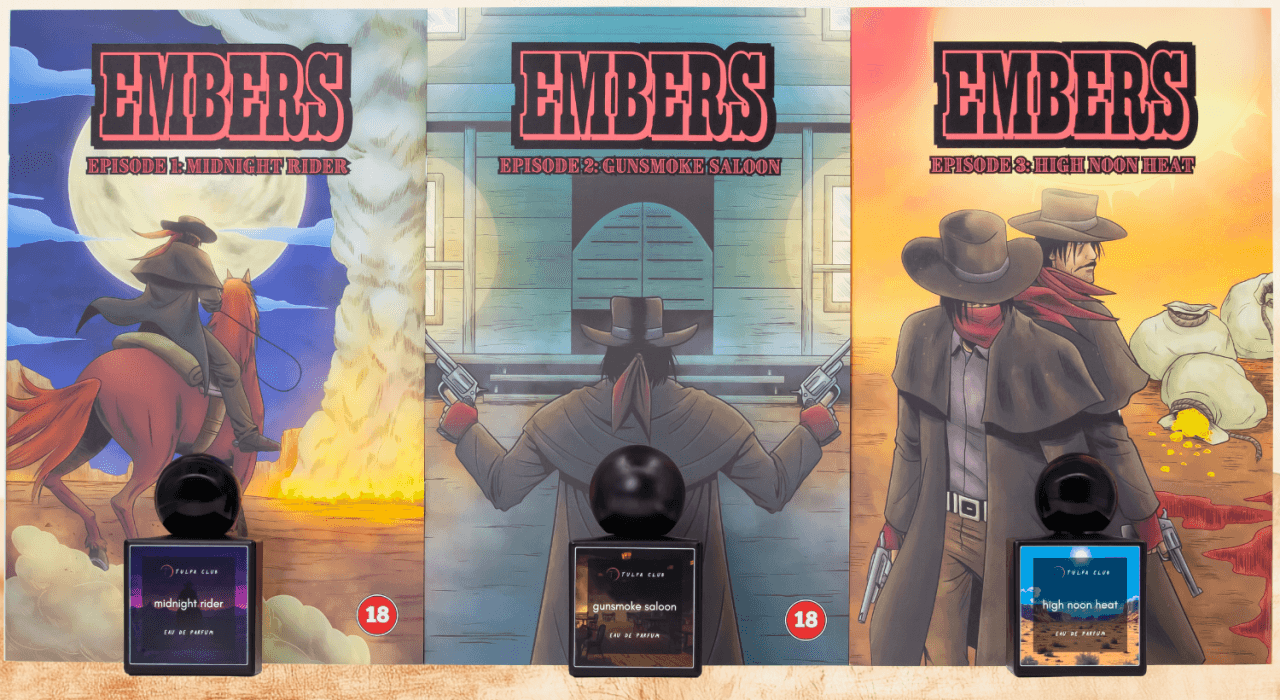 Season 2 - midnight rider, gunsmoke saloon, high noon heat. Tulpa Club perfume bottles