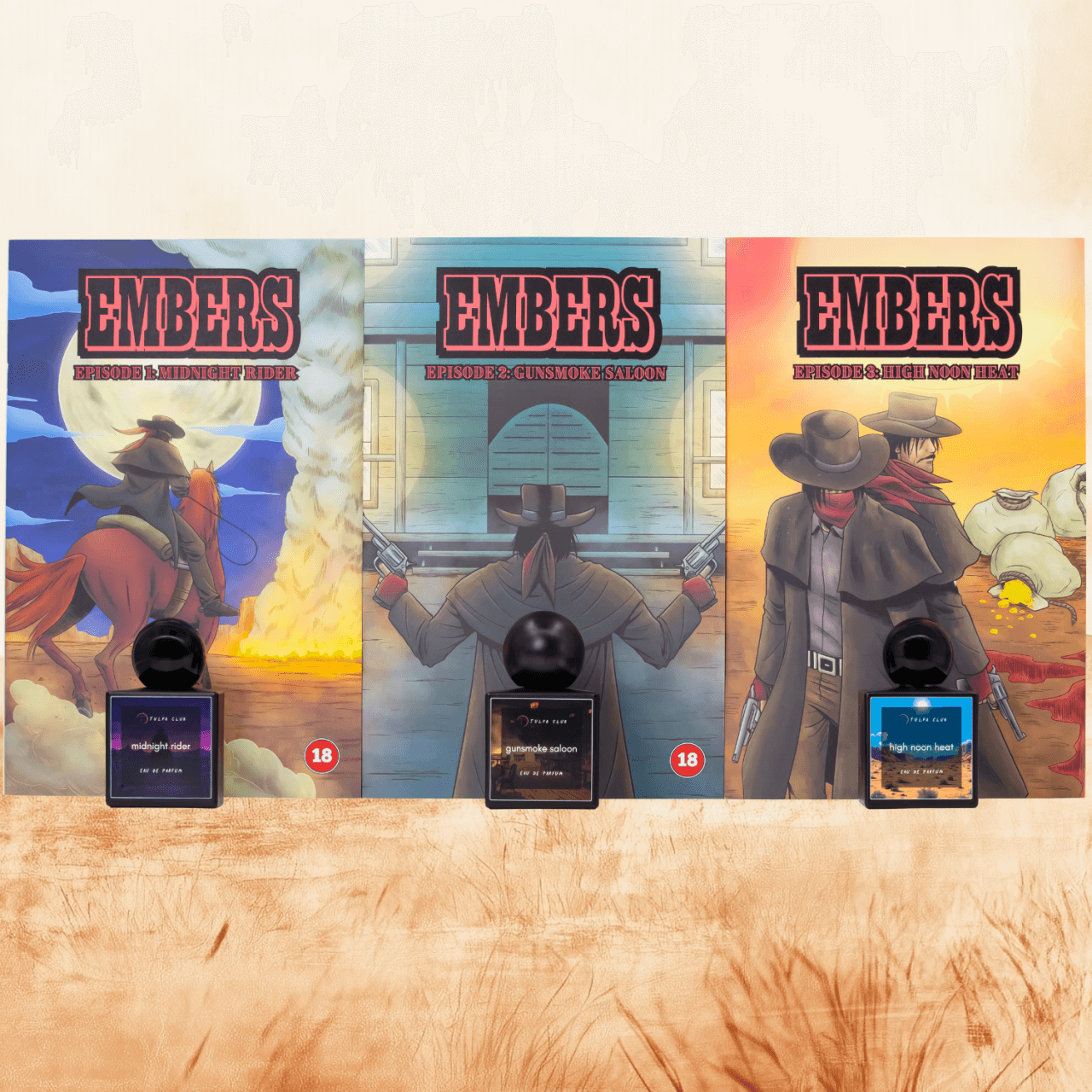 Season 2 - midnight rider, gunsmoke saloon, high noon heat. Tulpa Club perfume bottles